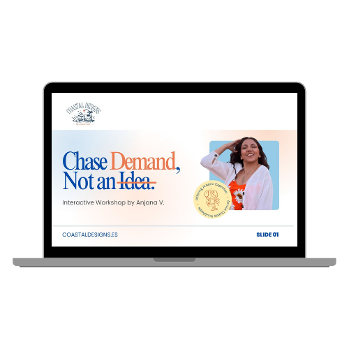 Laptop showing the first slide of the Chase Demand, Not an Idea workshop by Anjana Vaid